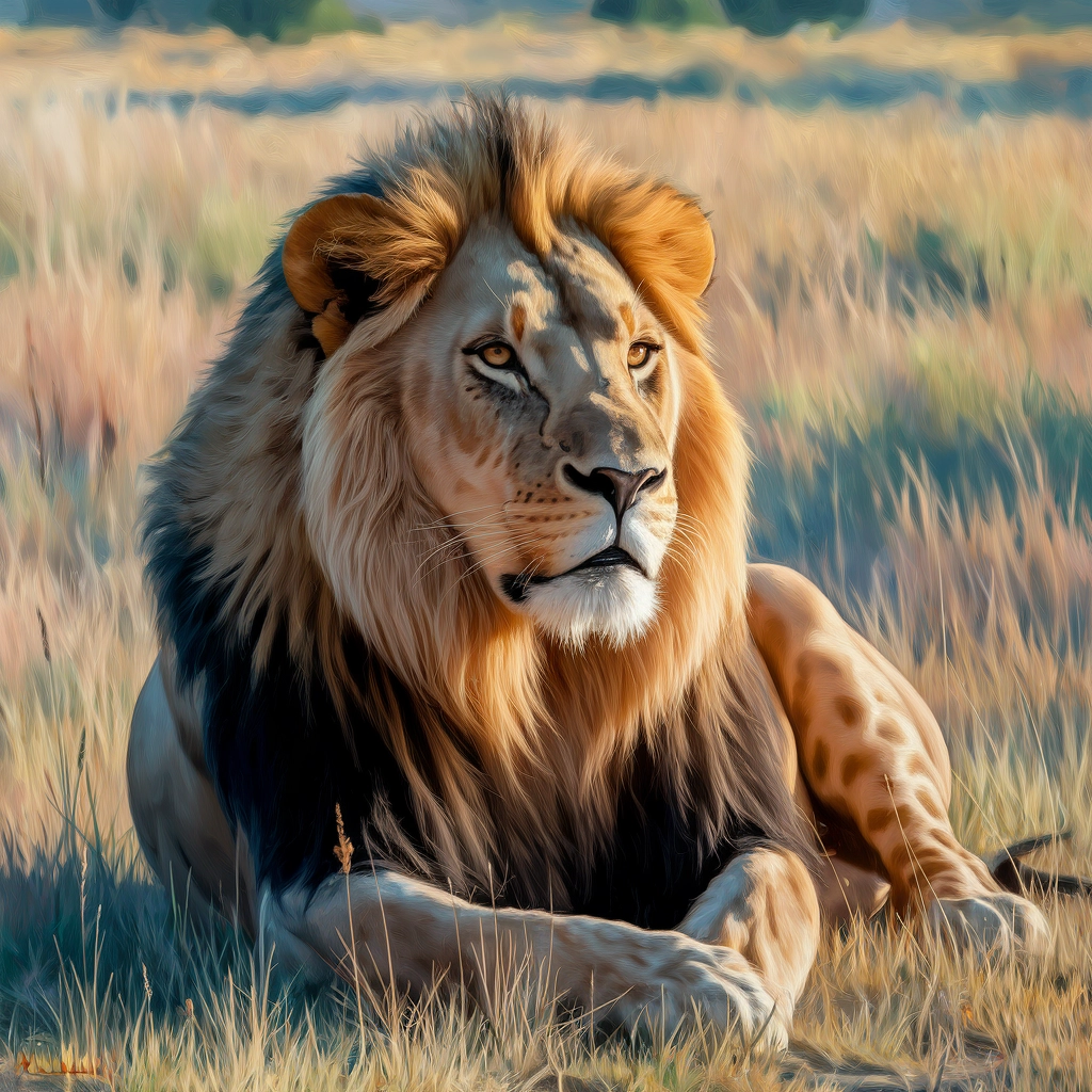 Leone maestoso nella savana illuminata dal sole - Pittura a olio