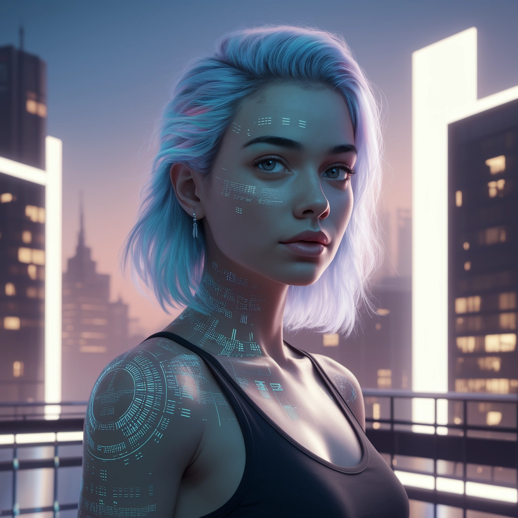 Futuro Luminoso: Ritratto Futuristico nel Crepuscolo al Neon