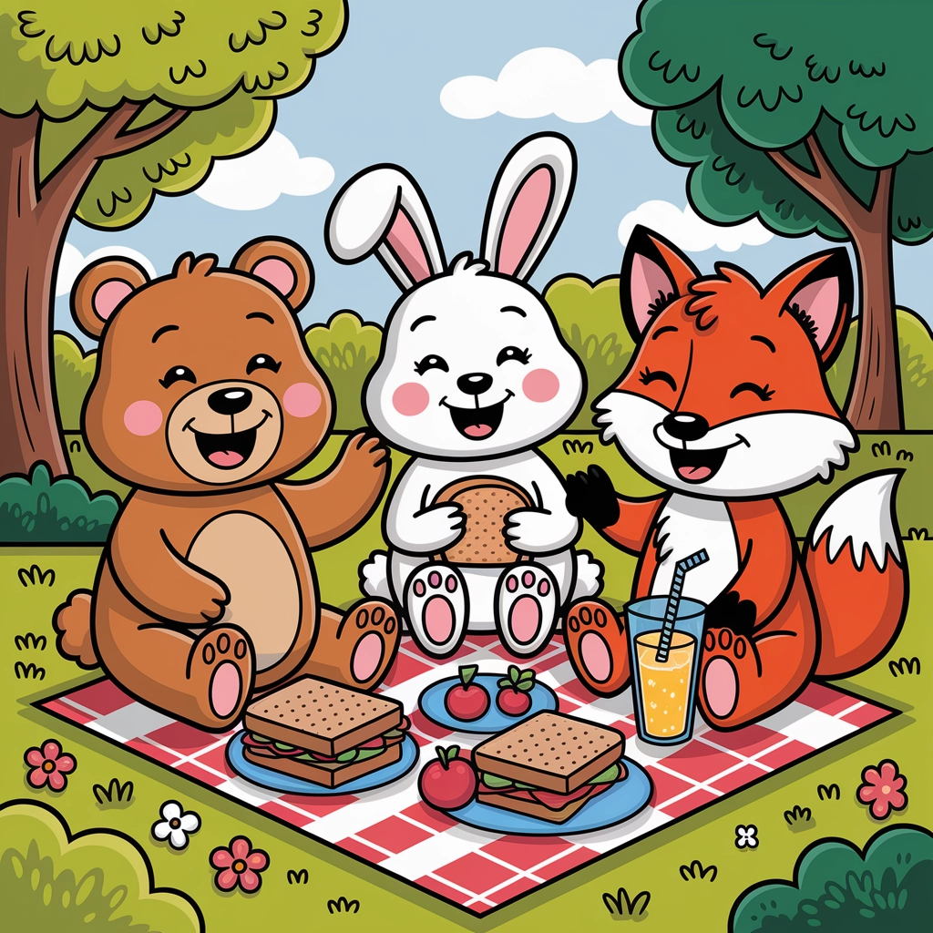 Picnic giocoso di animali nel parco dei cartoni animati