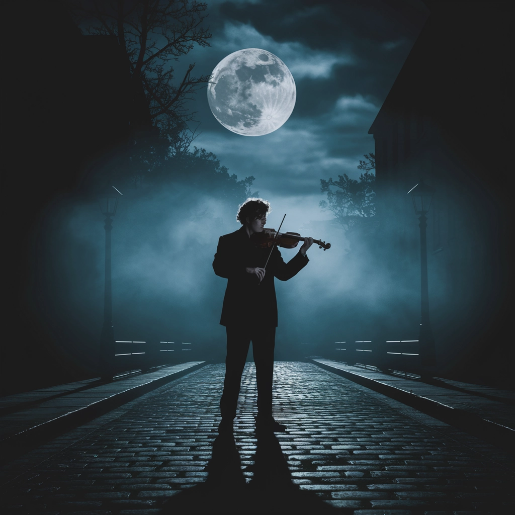 Violinista al Chiaro di Luna nella Nebbia