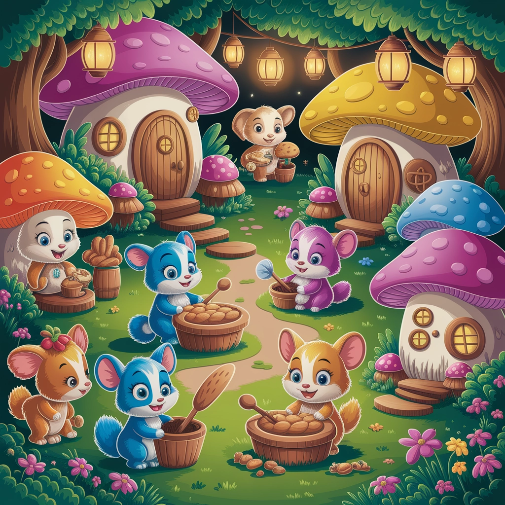 Villaggio Incantato di Animali in una Foresta Fantastica da Cartone Animato