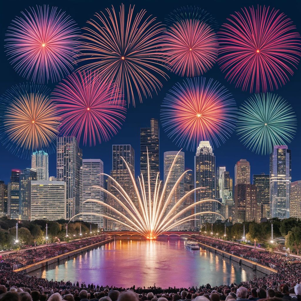 Fuochi d'artificio sopra lo skyline della città