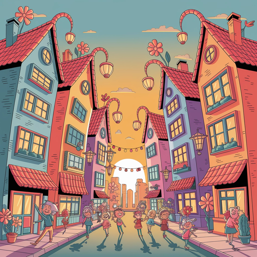 Paesaggio Urbano Fantasioso Disegnato a Mano al Tramonto