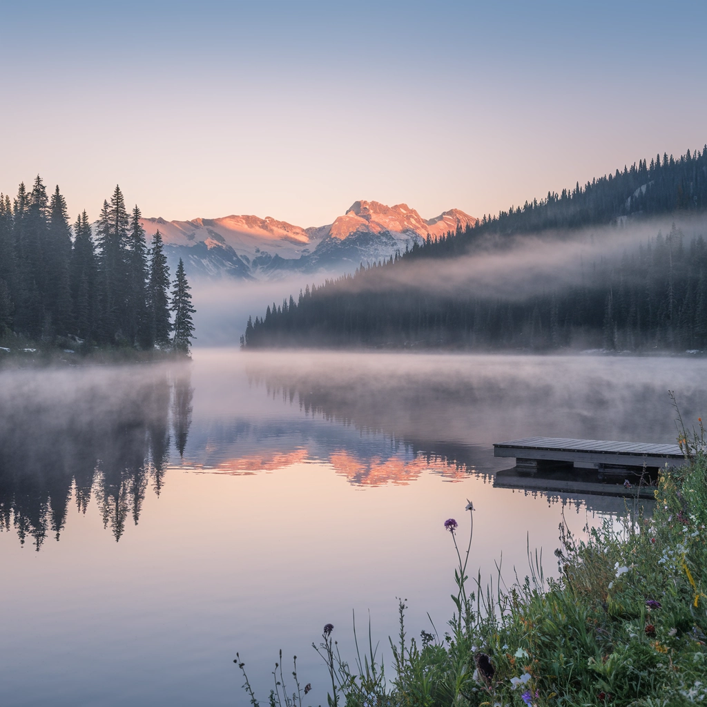 Serenità all'alba: Paesaggio lacustre montano avvolto dalla nebbia