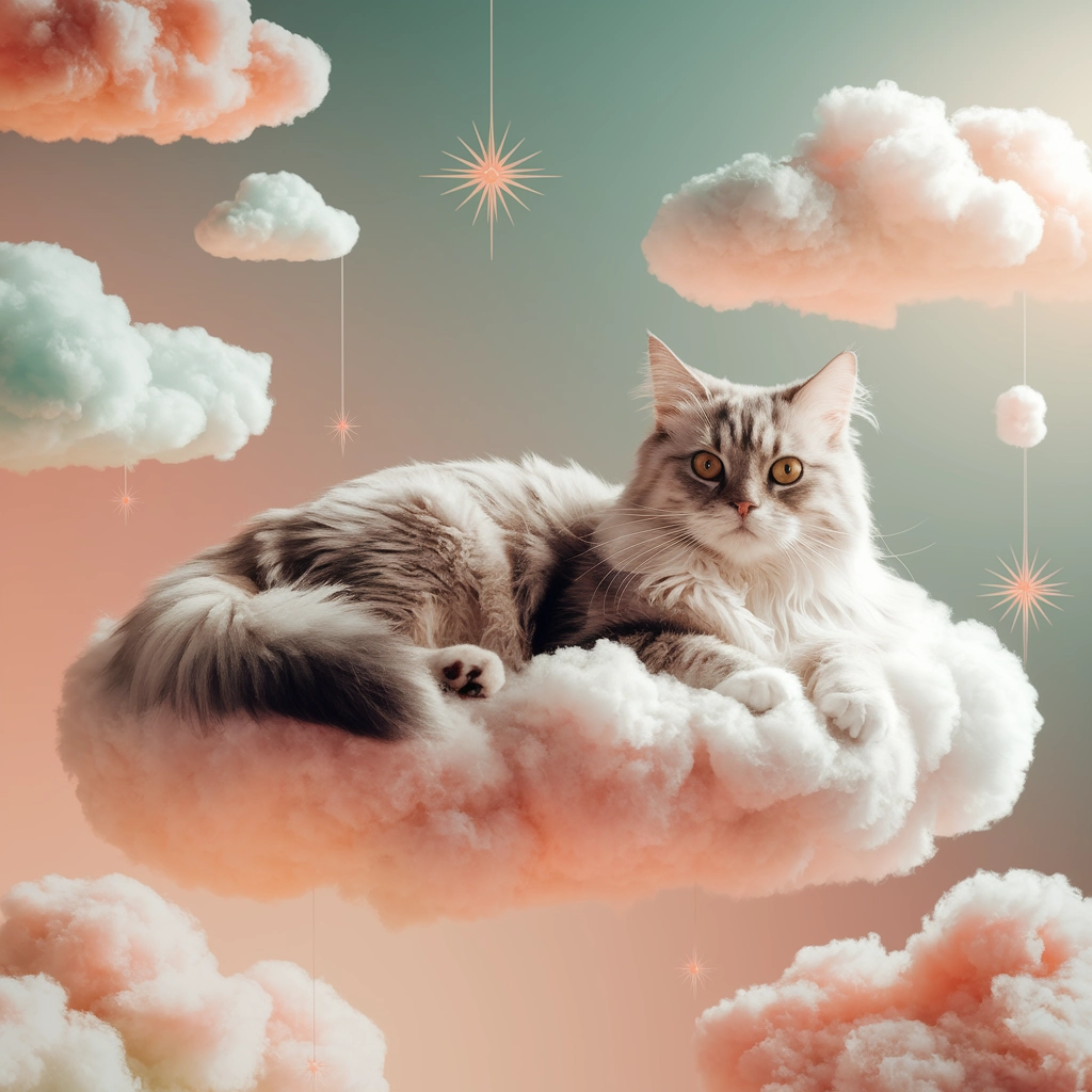 Sogno ad occhi aperti del gatto sulle nuvole