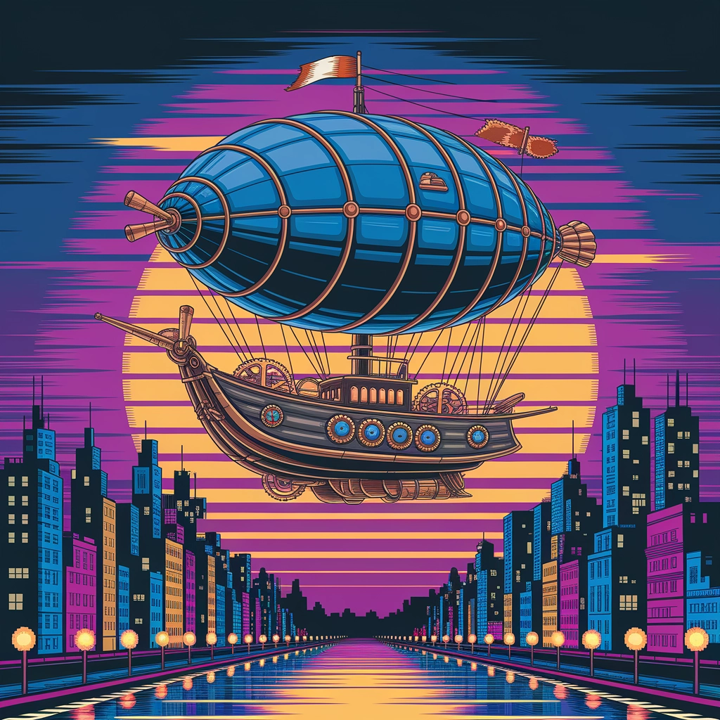 Dirigibile Steampunk sopra il Paesaggio Urbano in Pixel Art