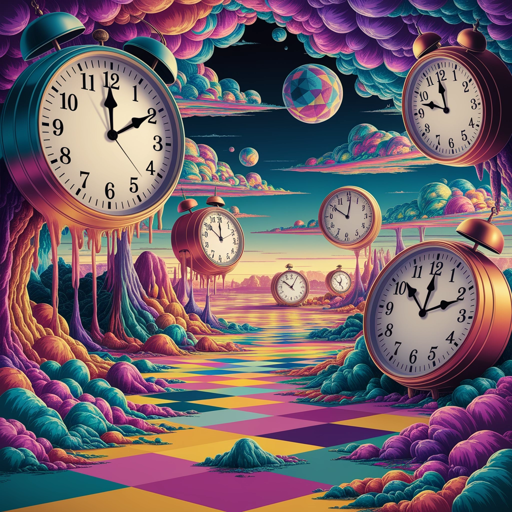 Psychedelická snová krajina s tajícími hodinami