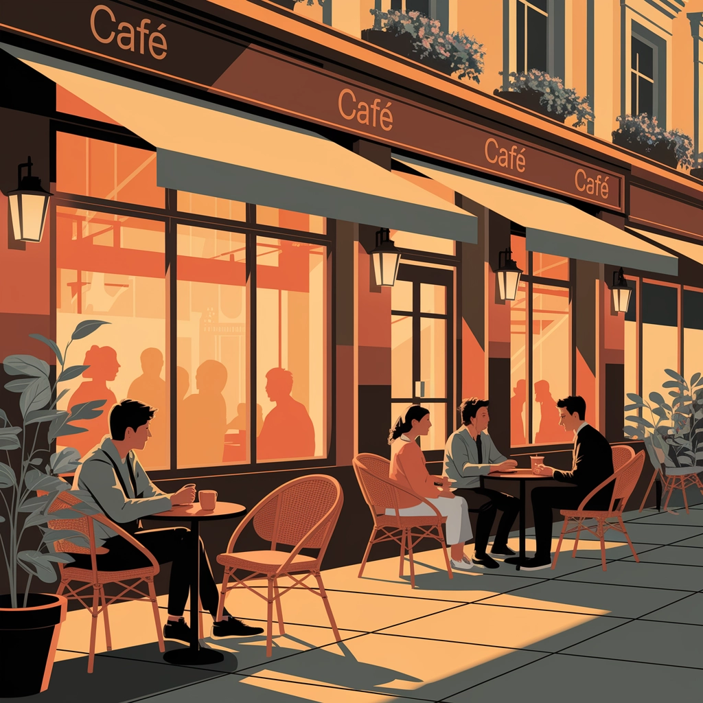 Accogliente Caffè di Città al Tramonto in Stile Vettoriale Caldo