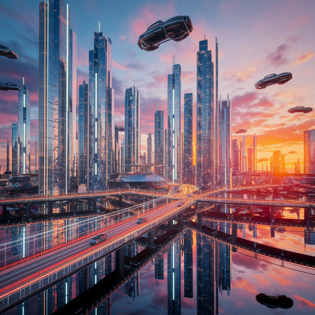 3D 夕阳下的未来城市景观