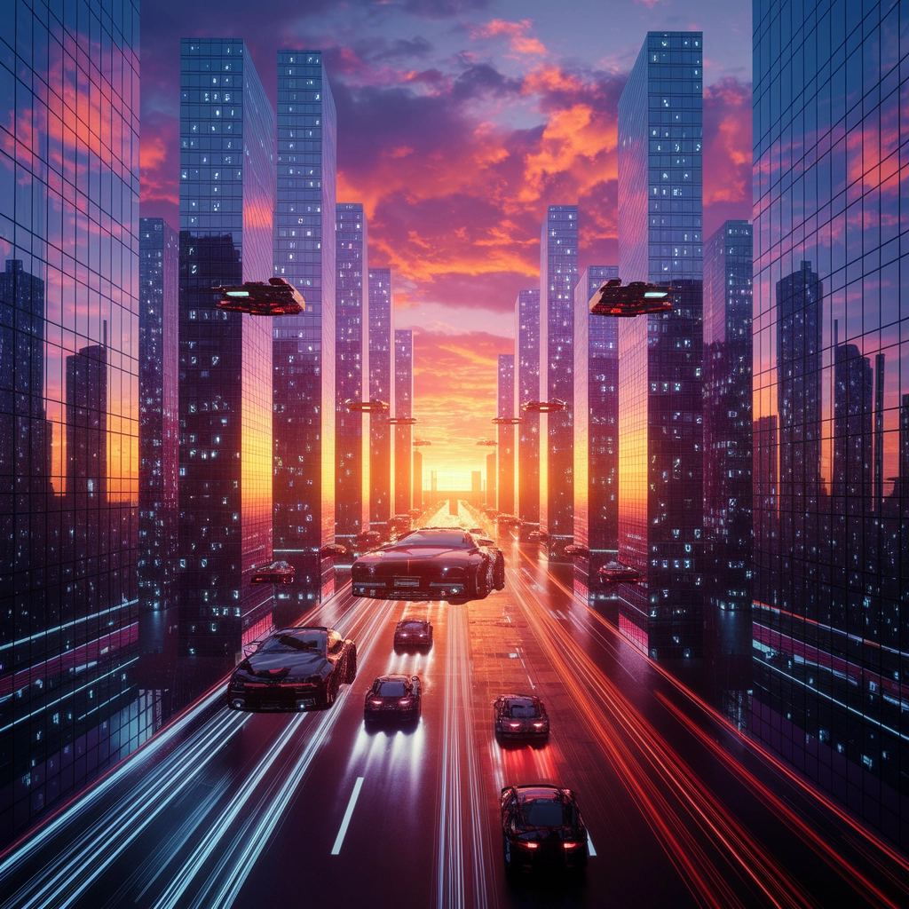Tramonto sul Domani: Città Futuristica in 3D Cinematografico