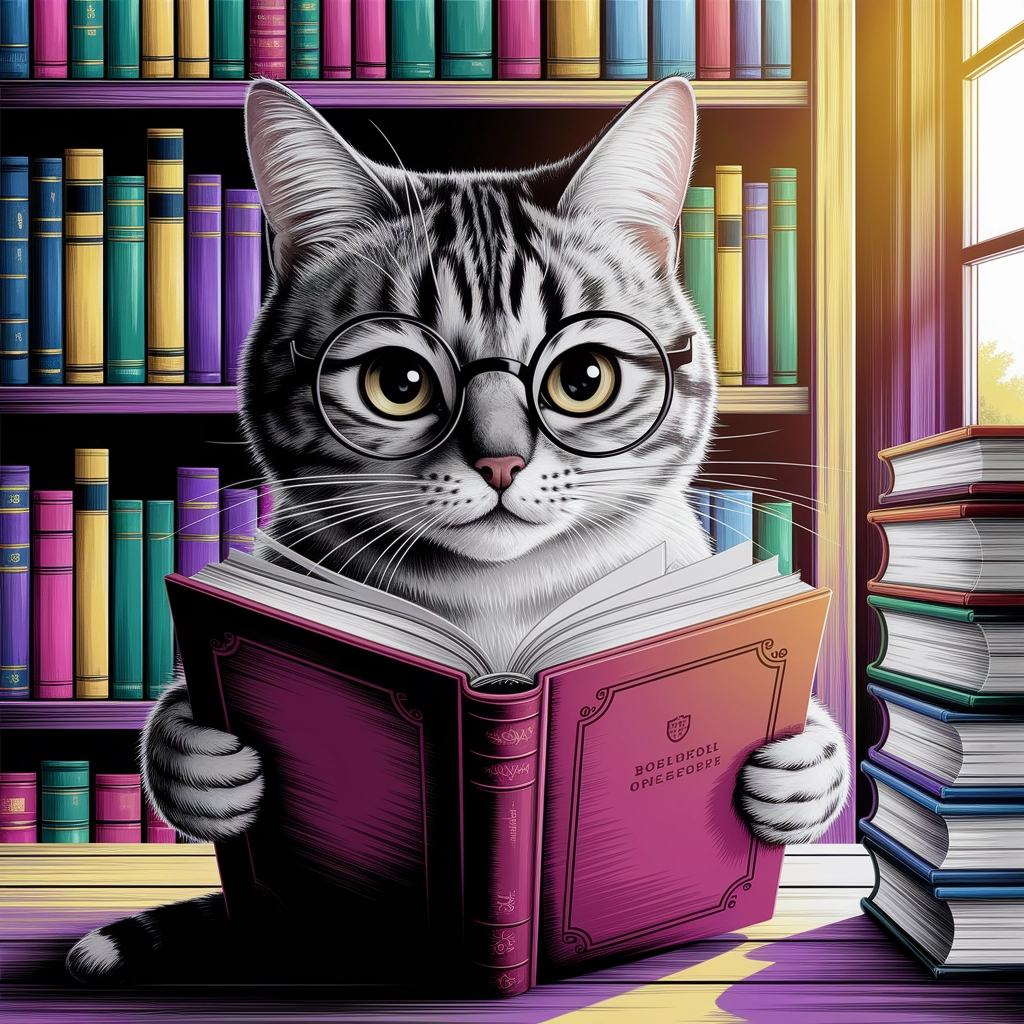 Gatto Libroso in una Biblioteca Accogliente