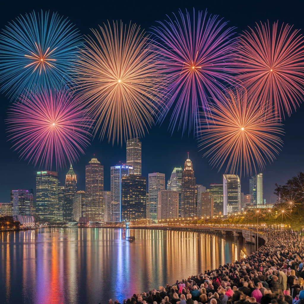 Fuochi d'artificio notturni sullo skyline della città