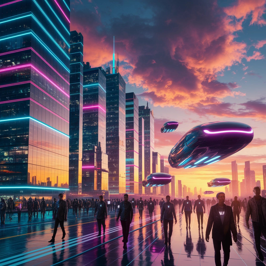 Skyline al Neon: Una Città Futuristica al Tramonto