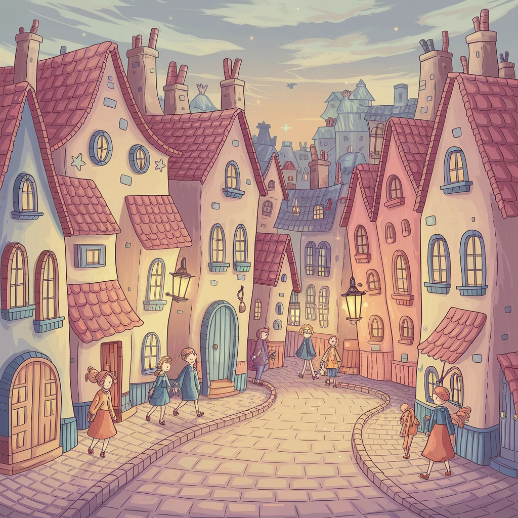 Paesaggio Urbano Fantasioso Disegnato a Mano al Tramonto