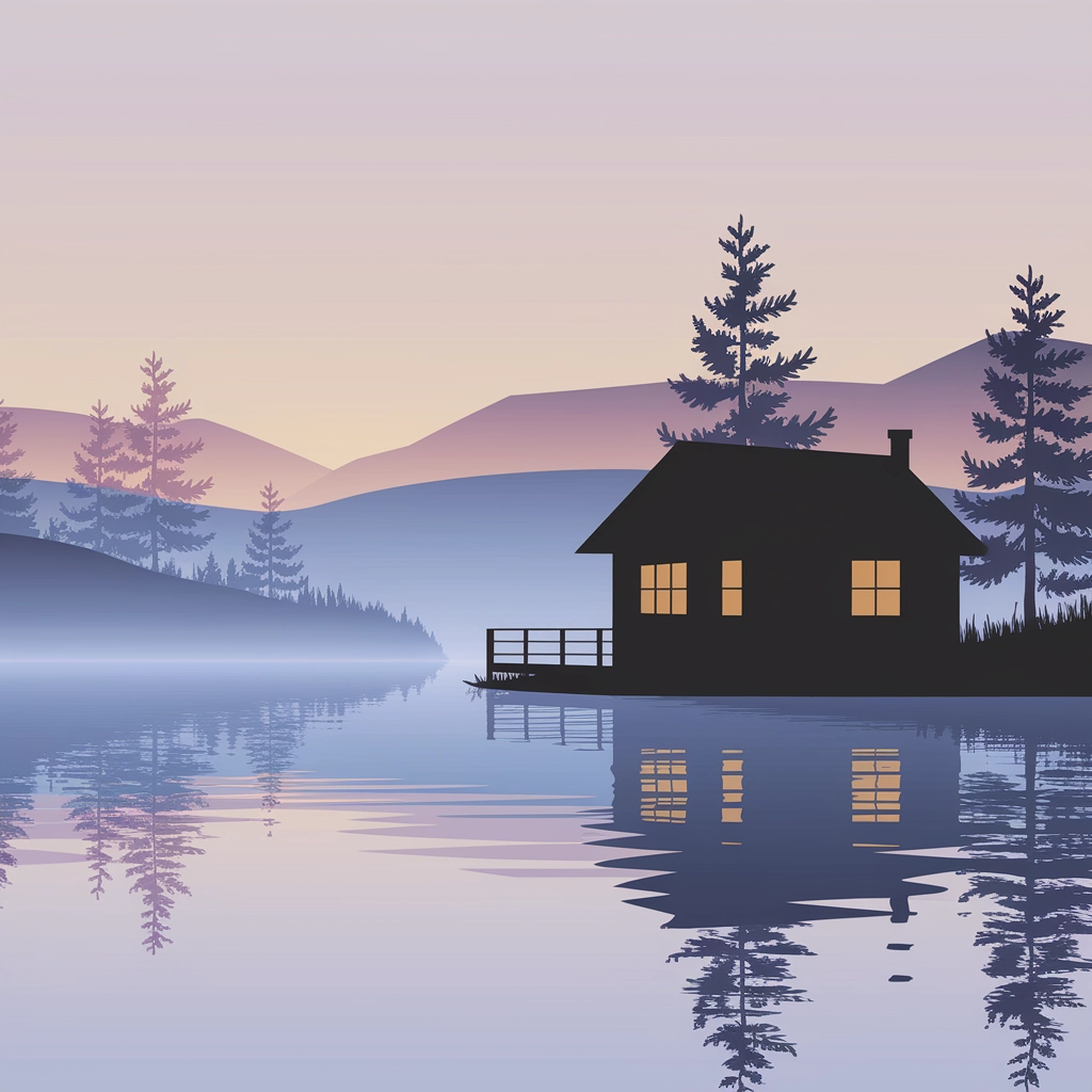 Capanna minimalista sul lago all'alba