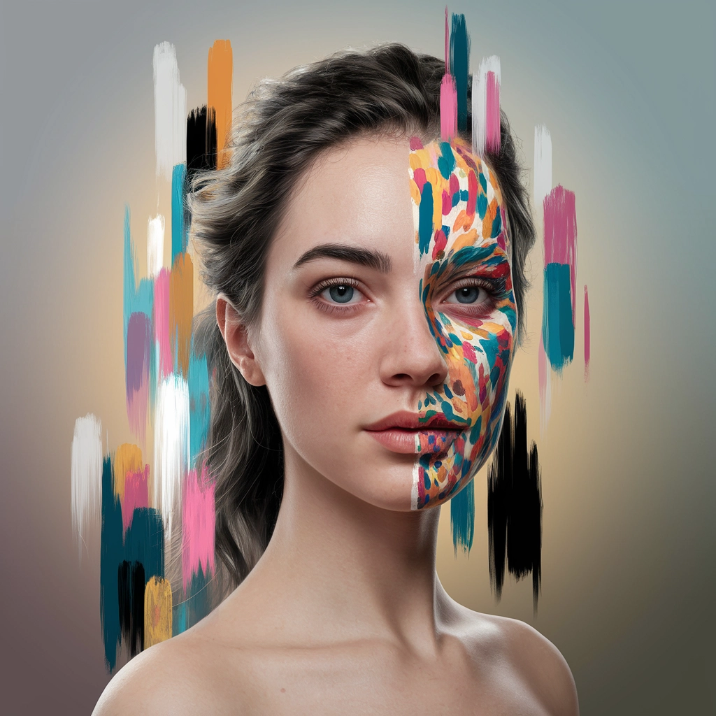 Ritratto Surreale con Sovrapposizione di Pittura