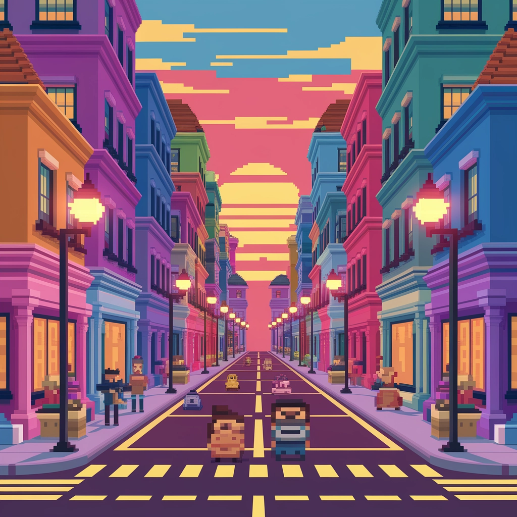 Paesaggio Urbano Pixelato Fantasioso al Tramonto