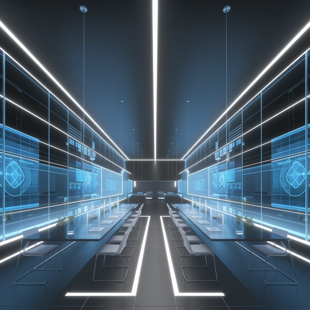 Spazio di lavoro futuristico in design 3D elegante