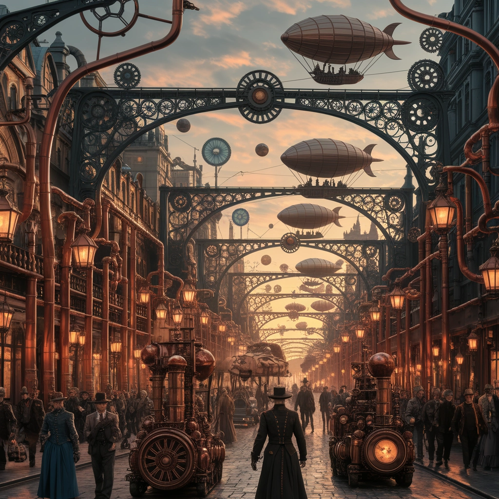Paesaggio Urbano Steampunk al Tramonto