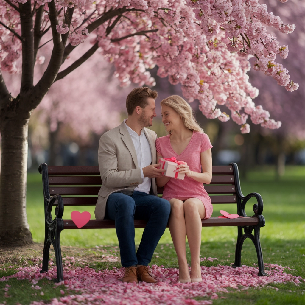 Momento romantico di San Valentino sotto i ciliegi in fiore