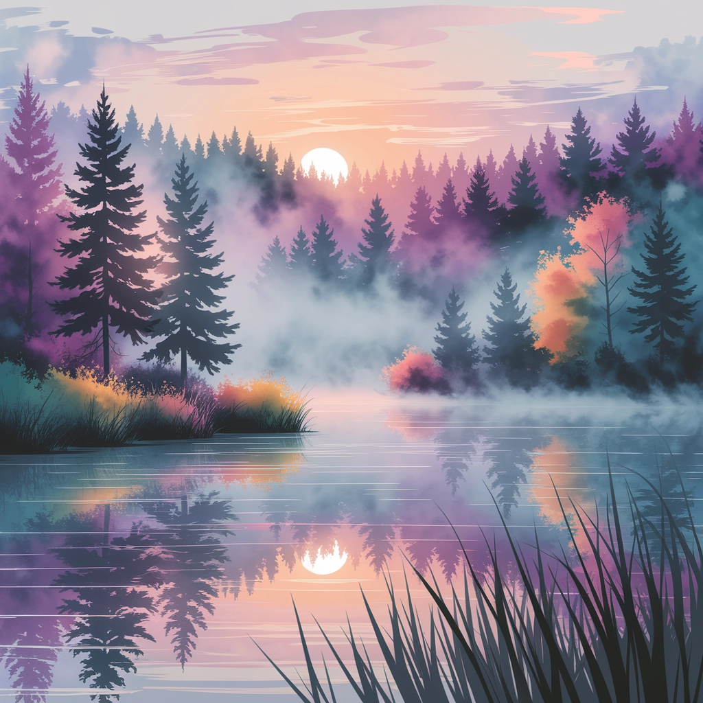 Amanecer Sereno en el Lago en Acuarela