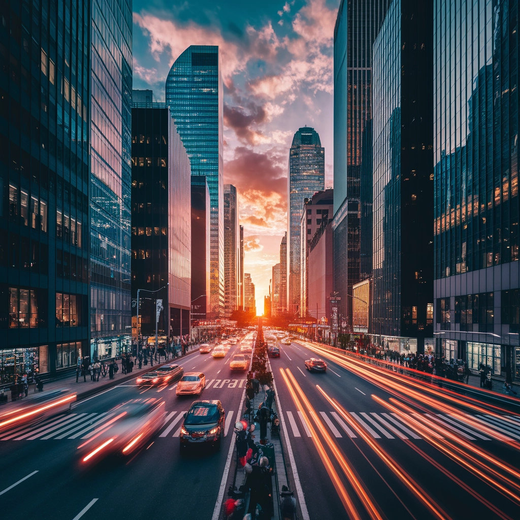 Tramonto in città con scatto grandangolare