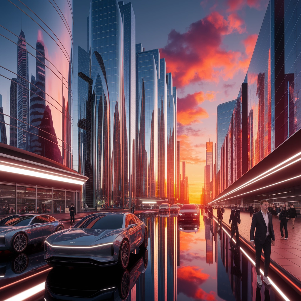 Paesaggio Urbano Futuristico in Cromo al Tramonto