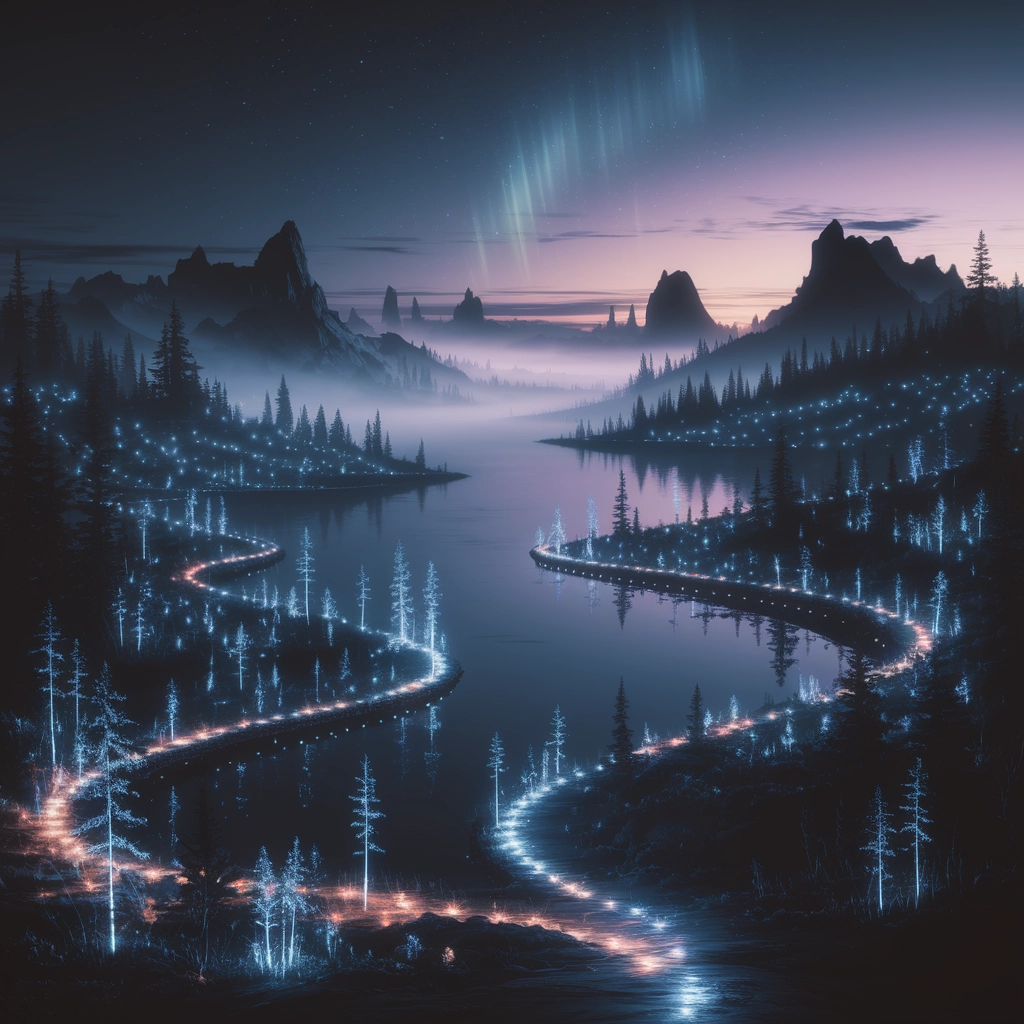 Paesaggio Onirico Bioluminescente al Crepuscolo