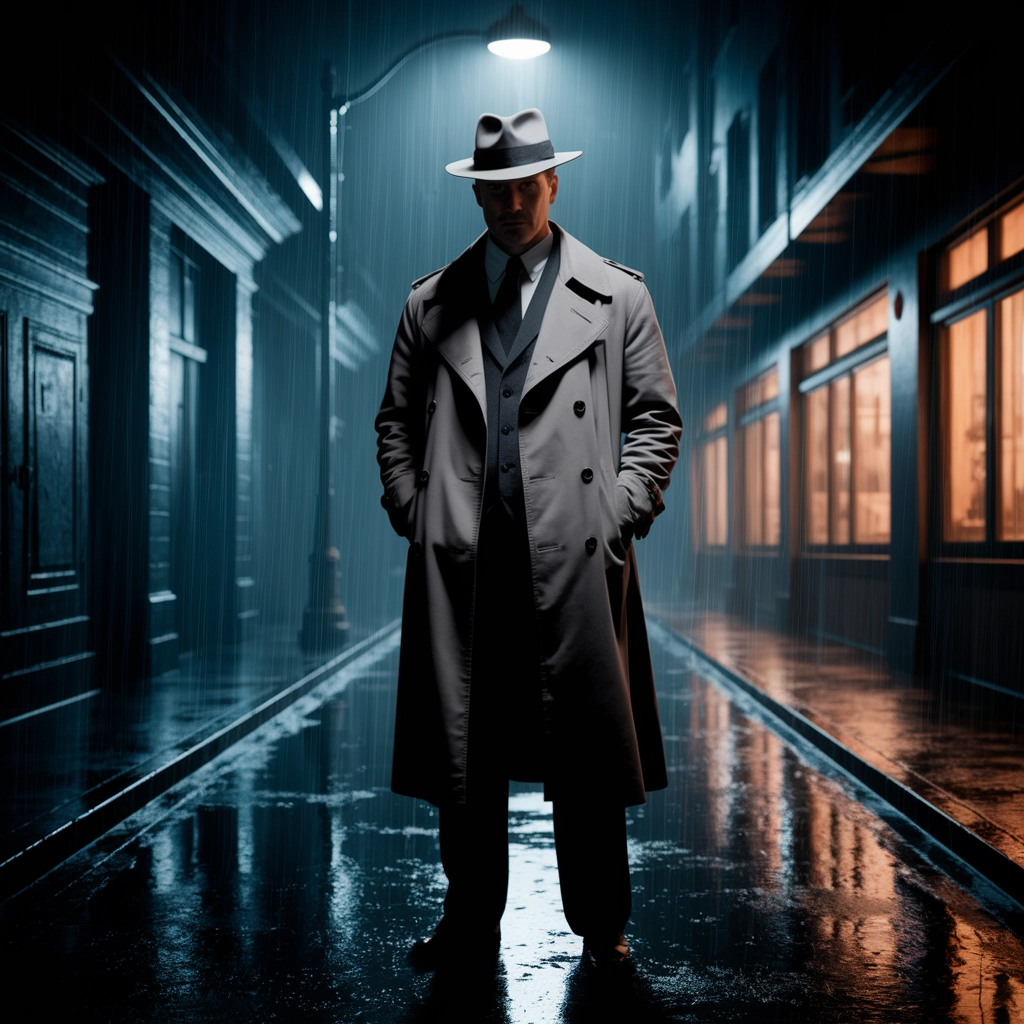 Detective noir in un vicolo bagnato dalla pioggia