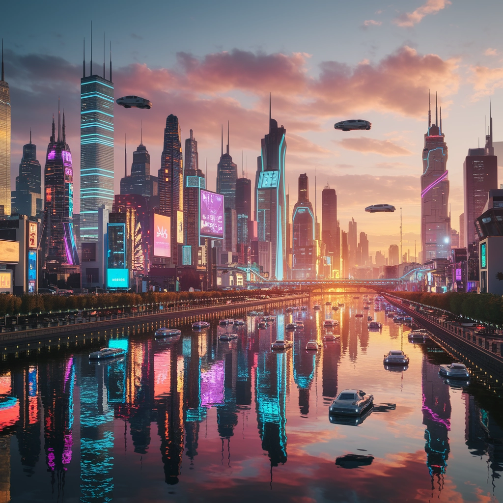 Skyline al Neon: Un Tramonto Urbano Futuristico