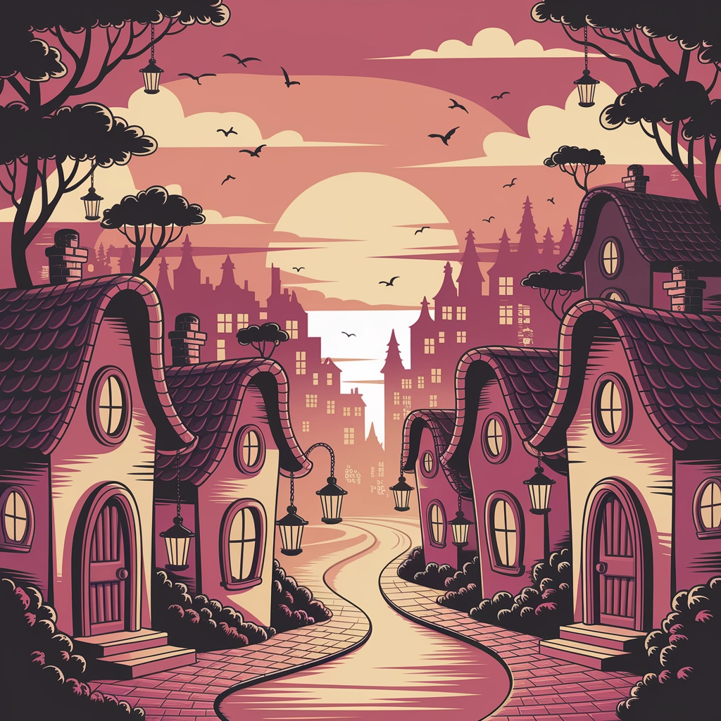 Paesaggio Urbano Fantasioso al Tramonto, Disegnato a Mano