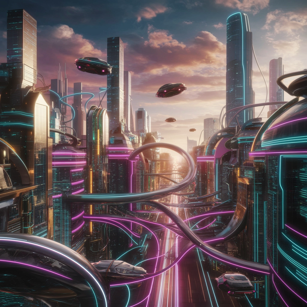 Crepuscolo al Neon: Paesaggio Urbano Futuristico