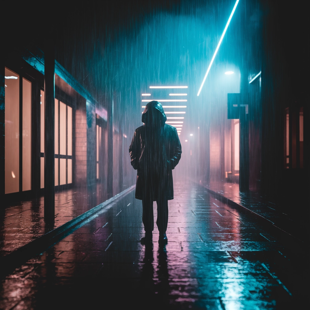 Solitudine al Neon: Una Notte Cupa sotto la Pioggia