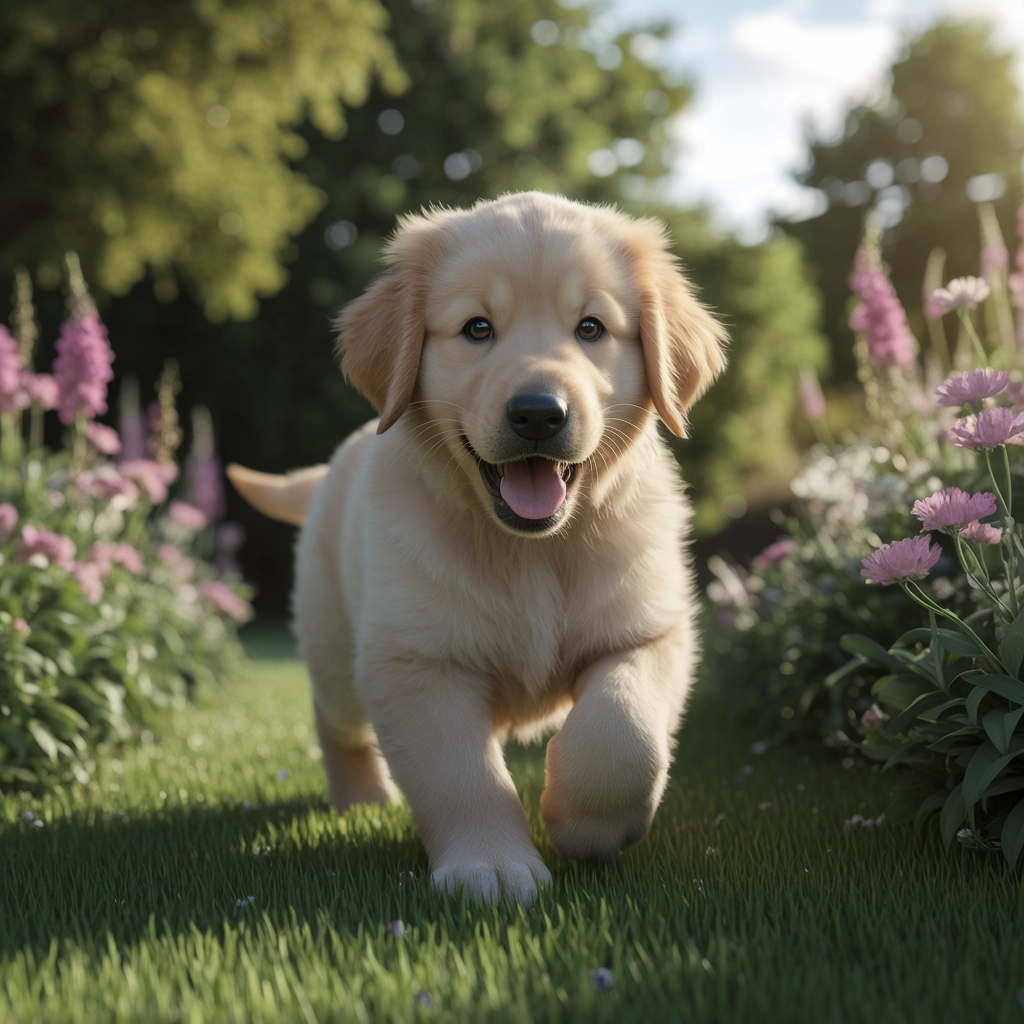 Cucciolo di Golden Retriever in un Giardino Fiorito