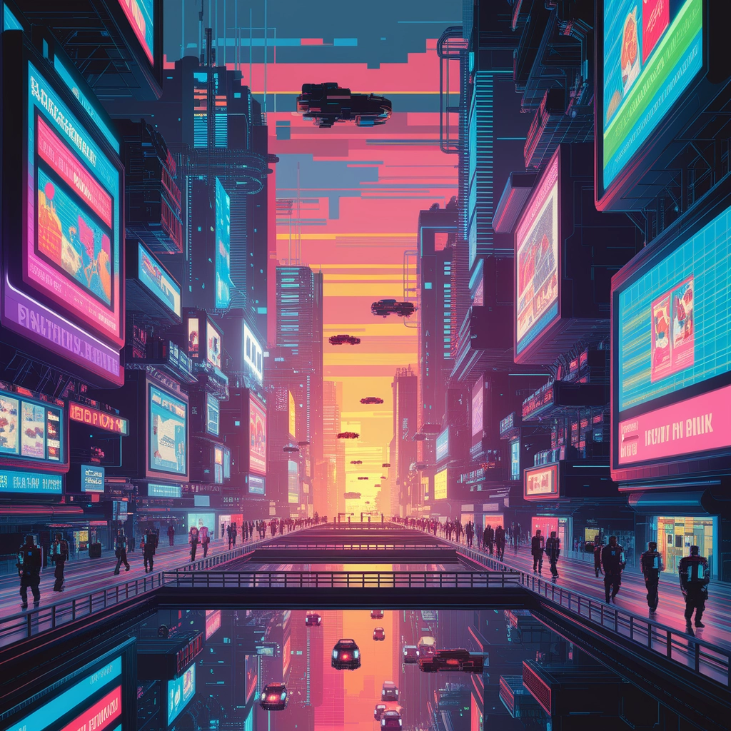 Paesaggio Urbano Futuristico in Pixel Art al Tramonto