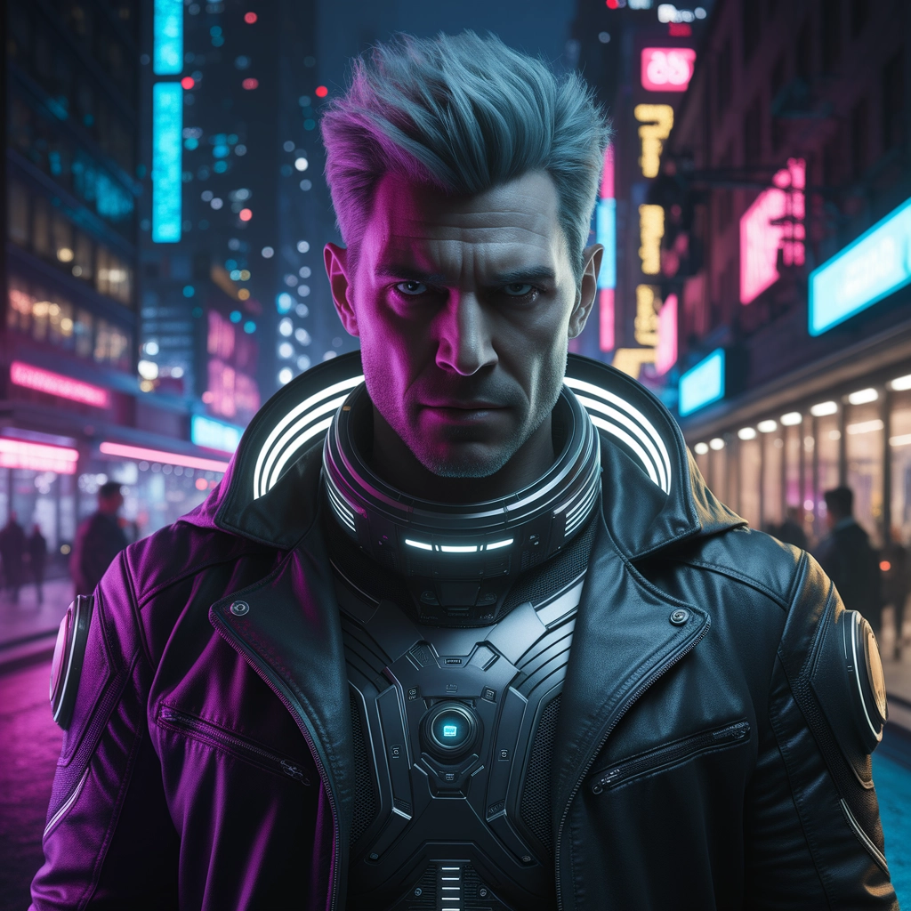 Ritratto di Detective Cyberpunk Illuminato al Neon