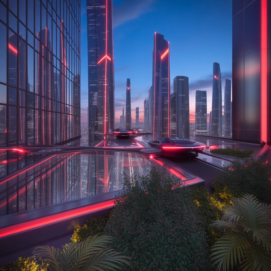 Crepuscolo Neon: Vista dal Tetto di una Città Futuristica