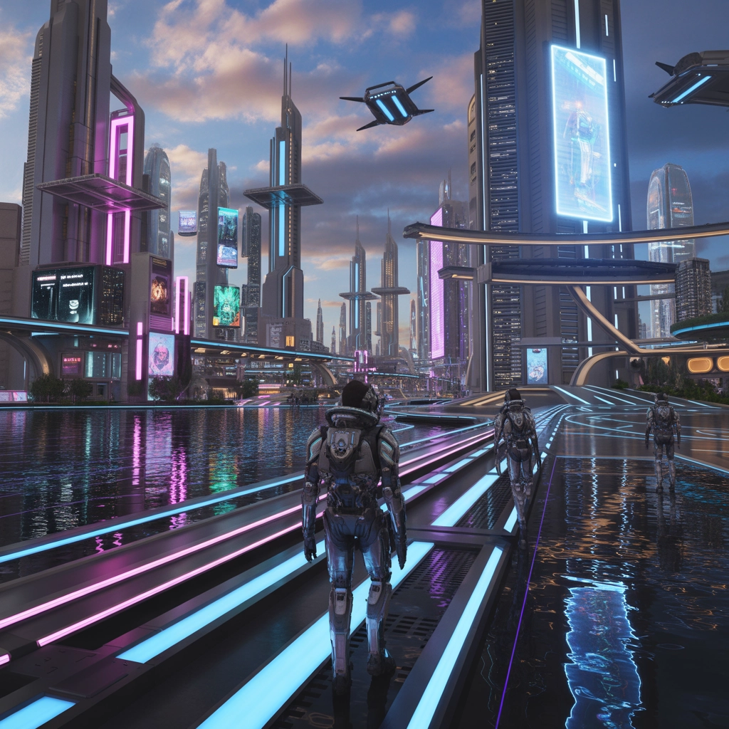Crepuscolo al Neon: Paesaggio Urbano Futuristico