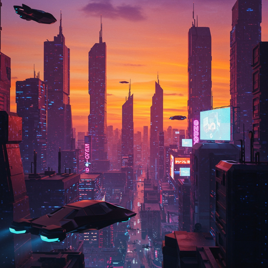 Città Futuristica al Neon al Tramonto