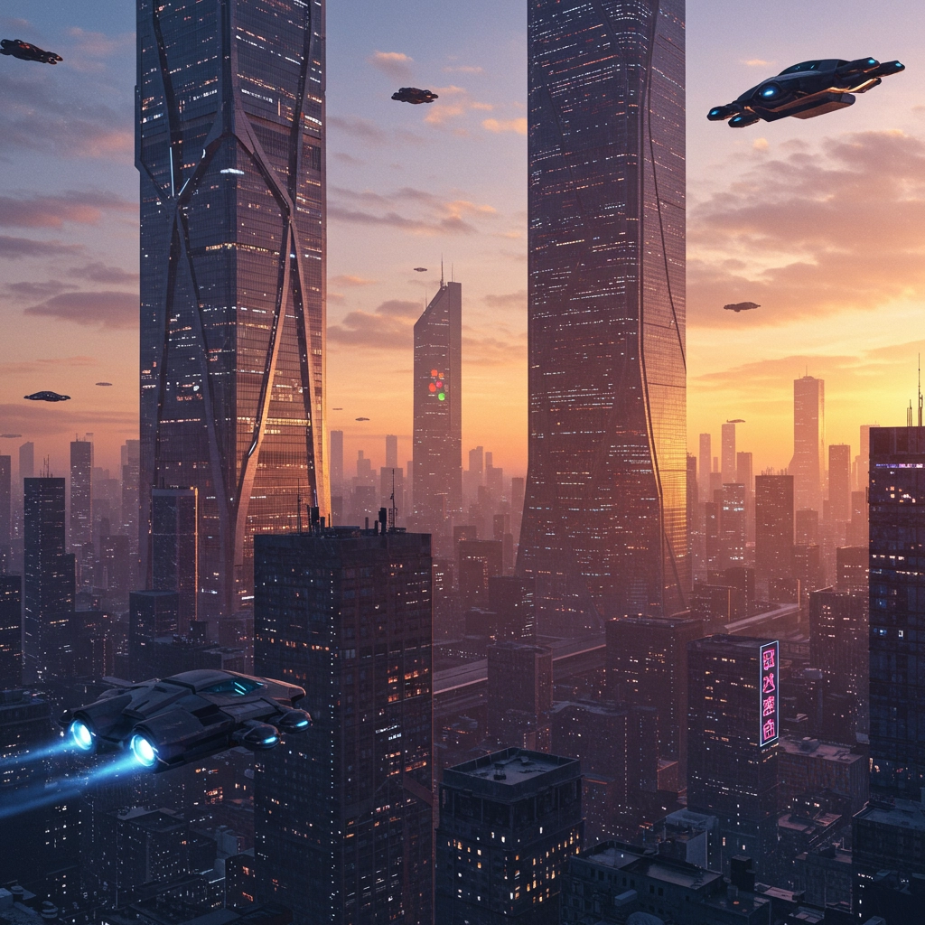 Skyline Futuristico della Città al Tramonto