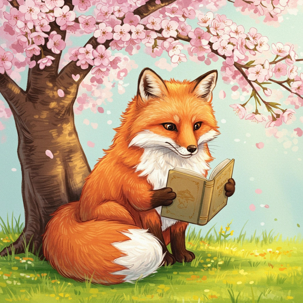 Volpe Fantasiosa che Legge sotto i Ciliegi in Fiore