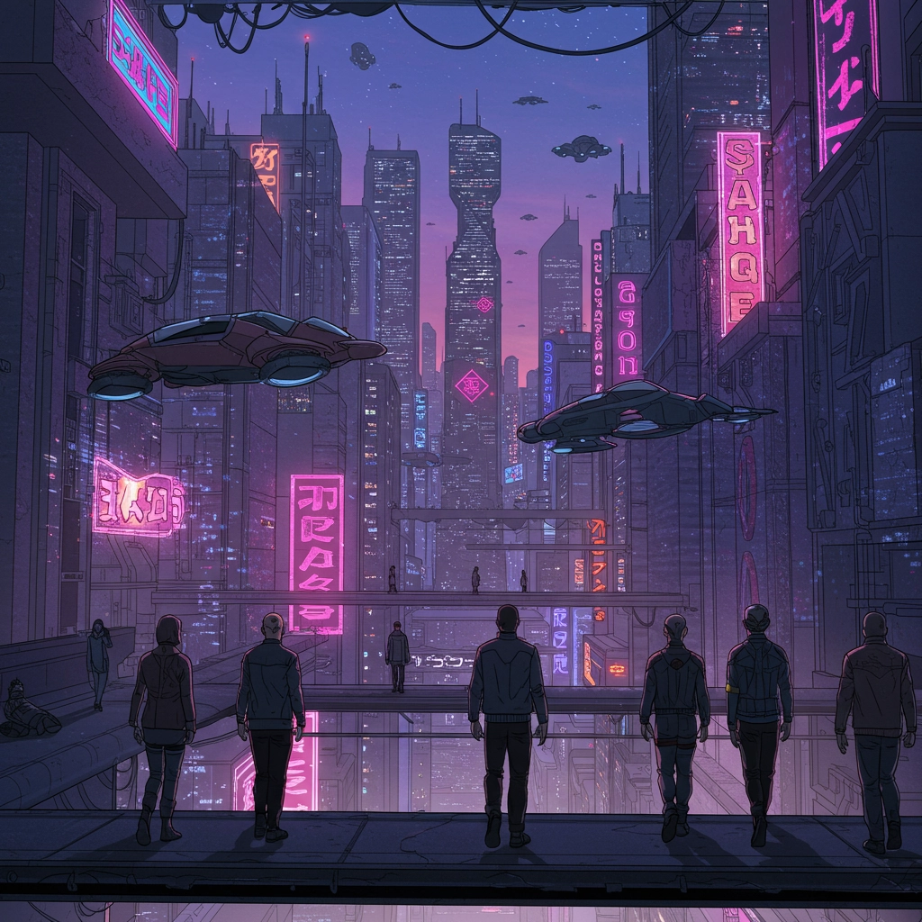 Cieli al Neon: Paesaggio Urbano Futuristico da Fumetto