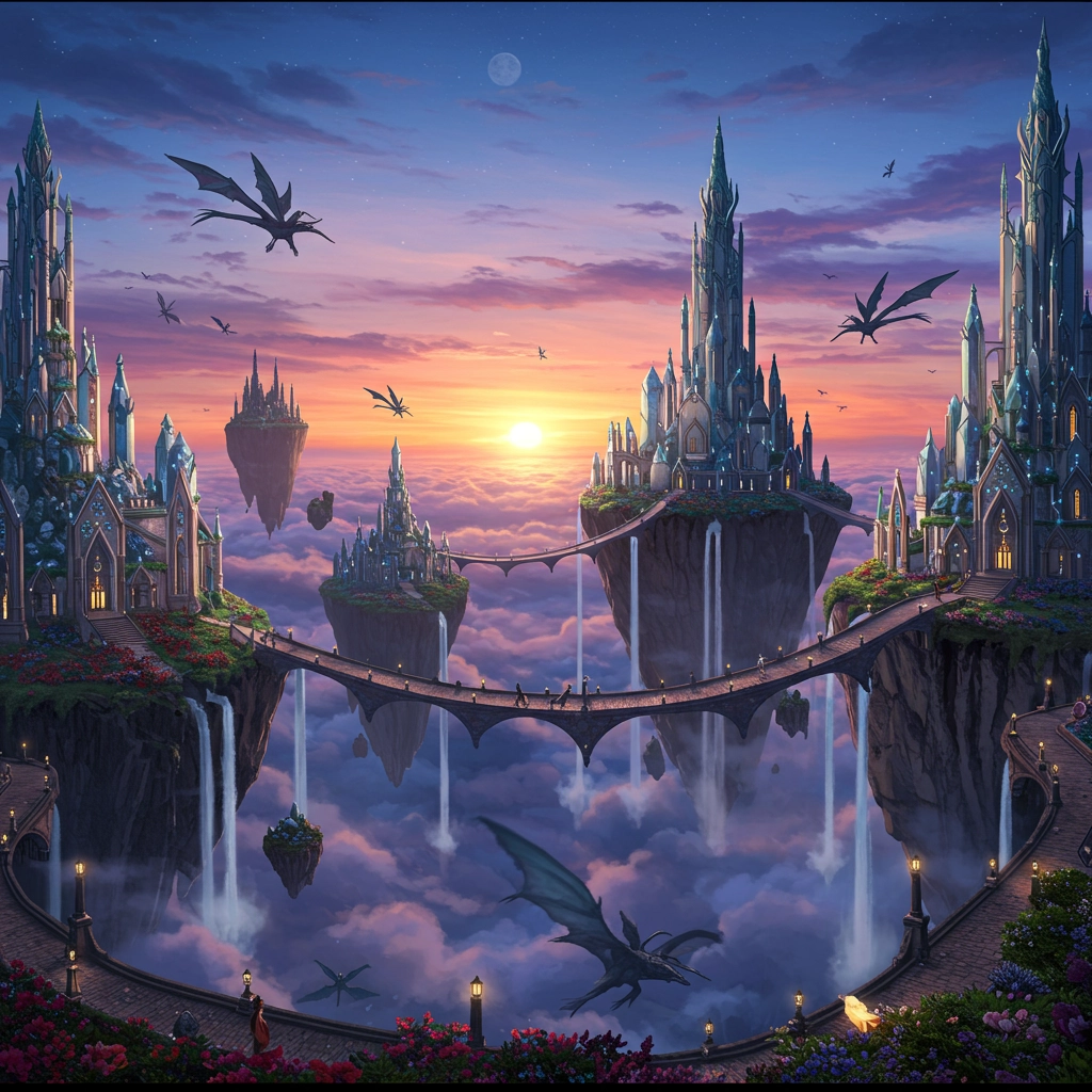 Mistica città fluttuante sopra le nuvole