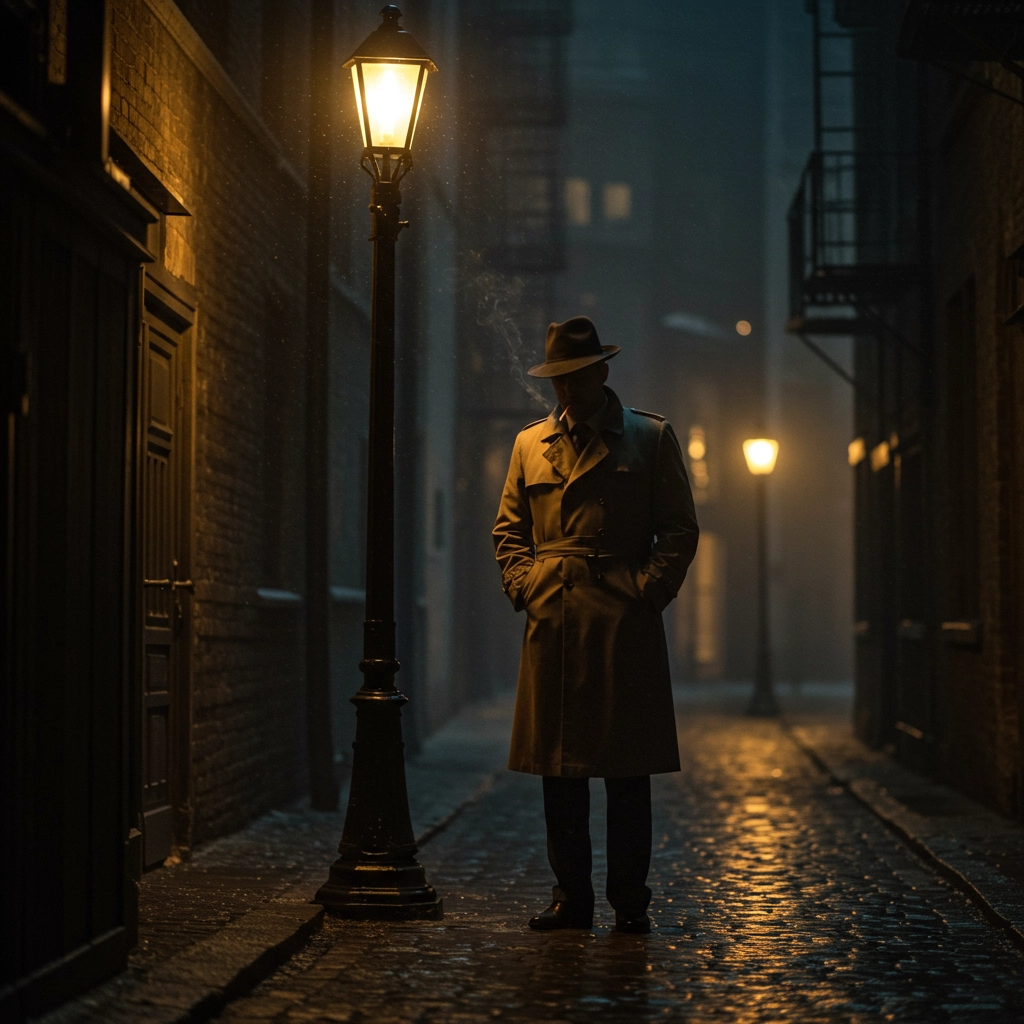 Detective noir in un vicolo bagnato dalla pioggia