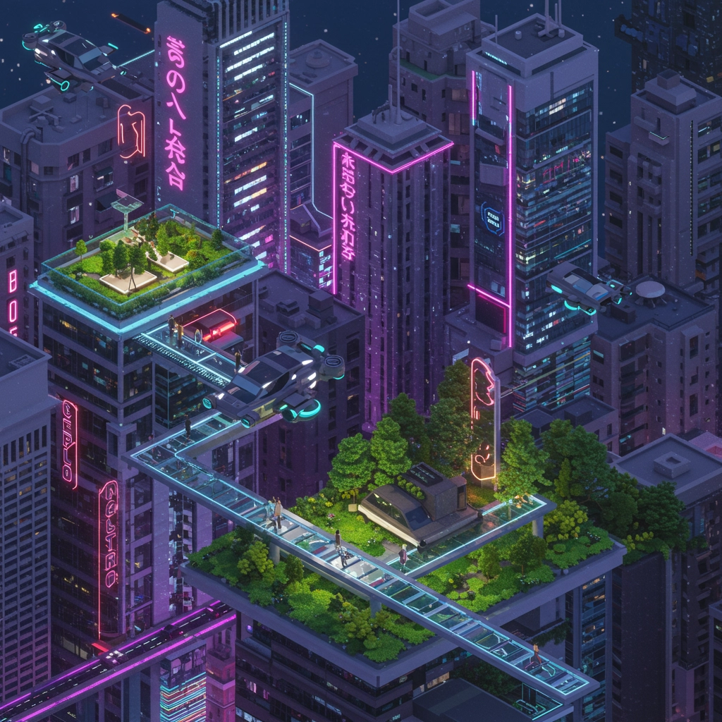Paesaggio Urbano Futuristico Isometrico al Tramonto