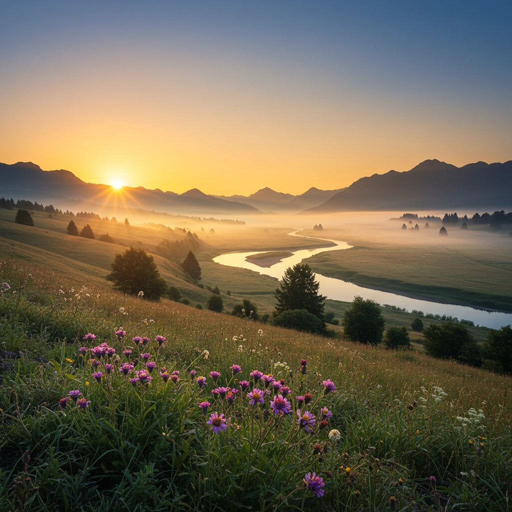 Serenità dell'Alba: Paesaggio di Montagna Nebbiosa