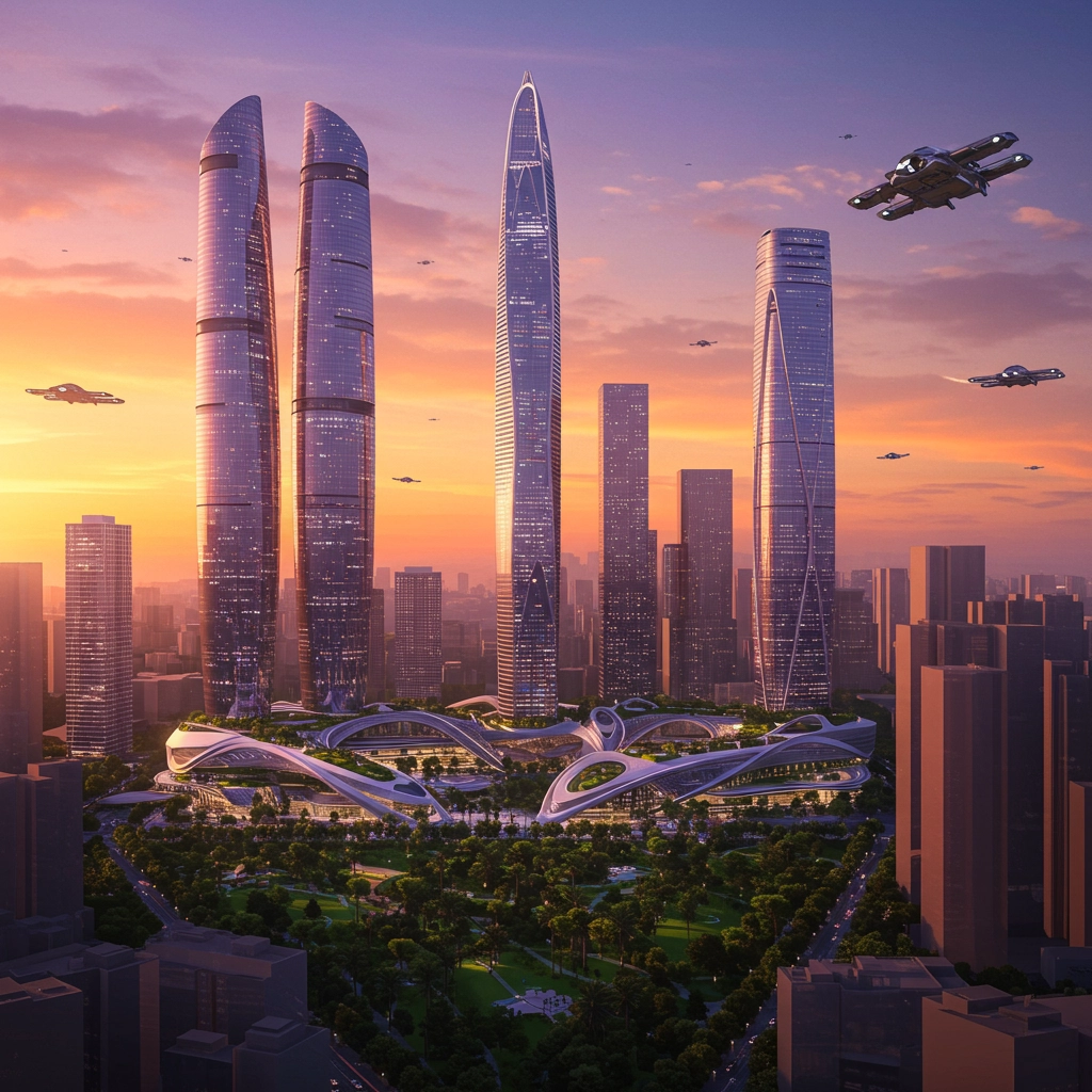 Skyline Futuristico della Città al Tramonto