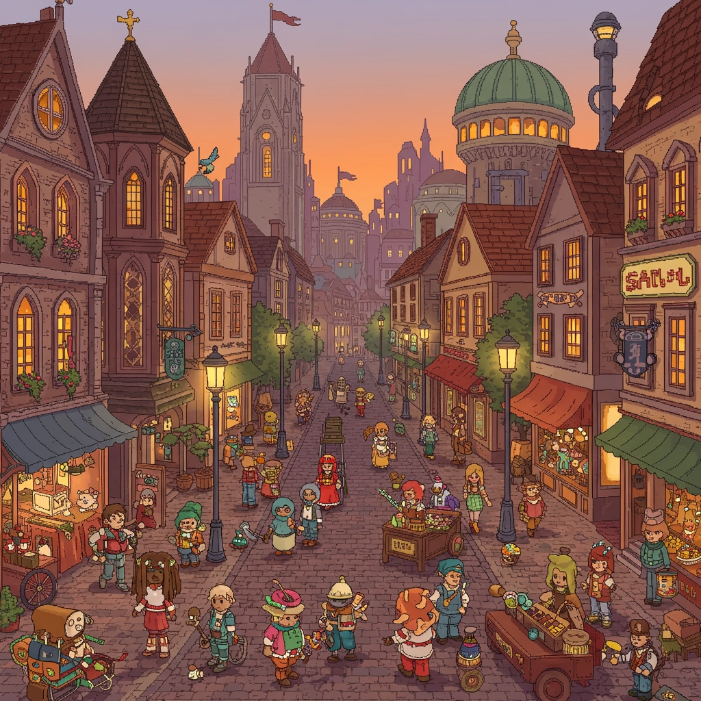 Città Pixel Fantasiosa al Crepuscolo
