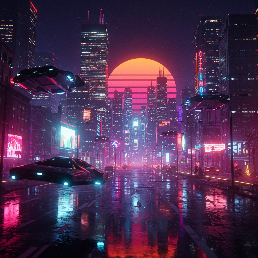 Notti al Neon: Paesaggio Urbano Futuristico al Bagliore Retrò