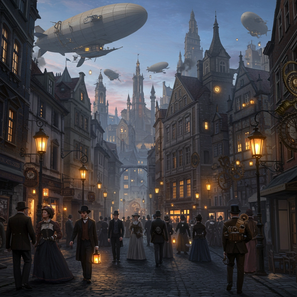Città Steampunk al Tramonto